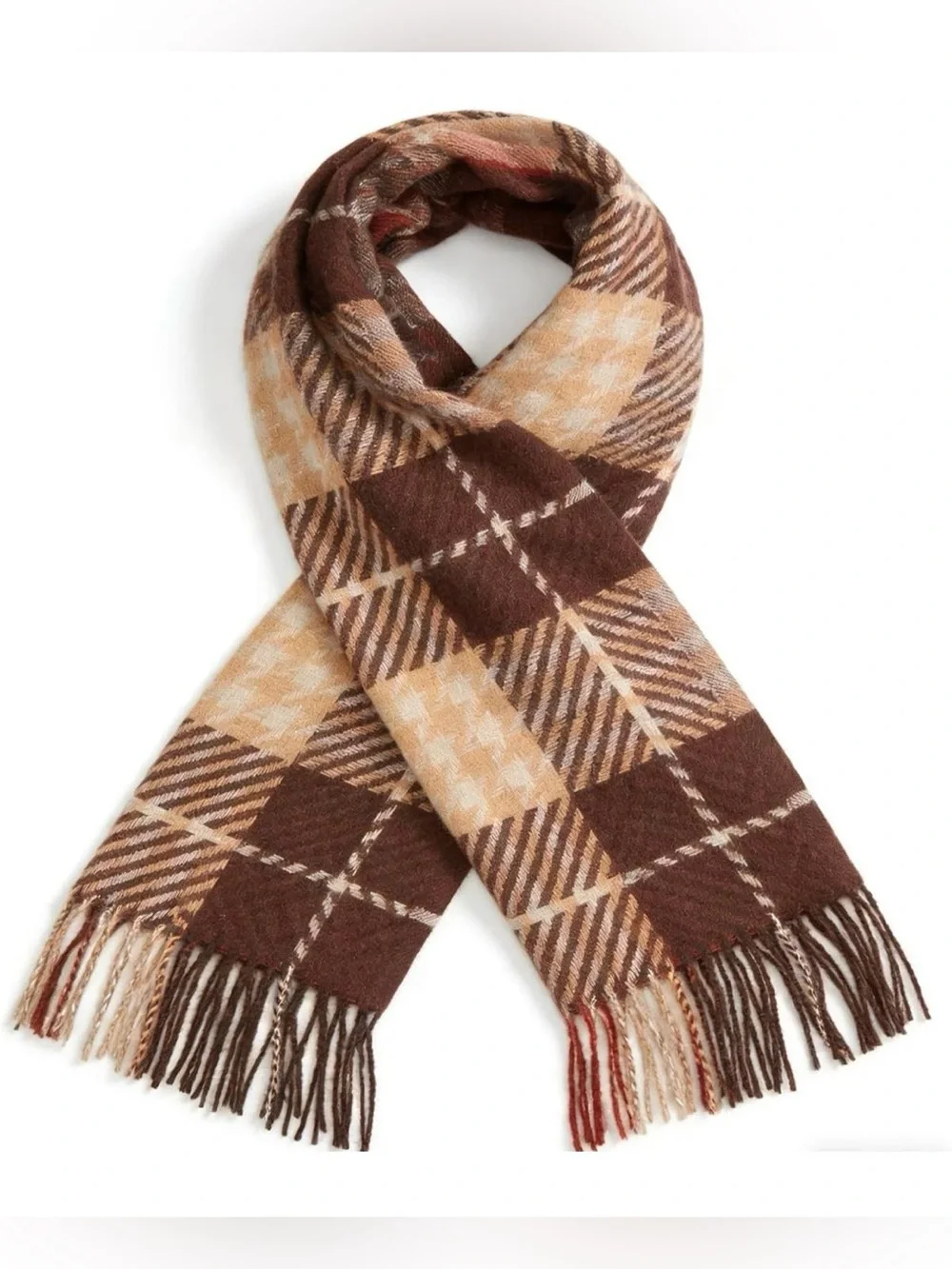 Women’s Fashion Tartan Brown Plaid Fringe Scarf 25x78 inches